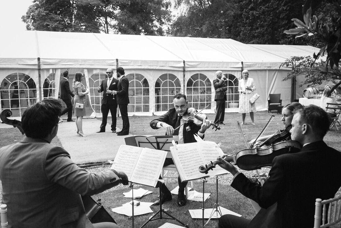 a string quartet playing during the wedding reception in woking